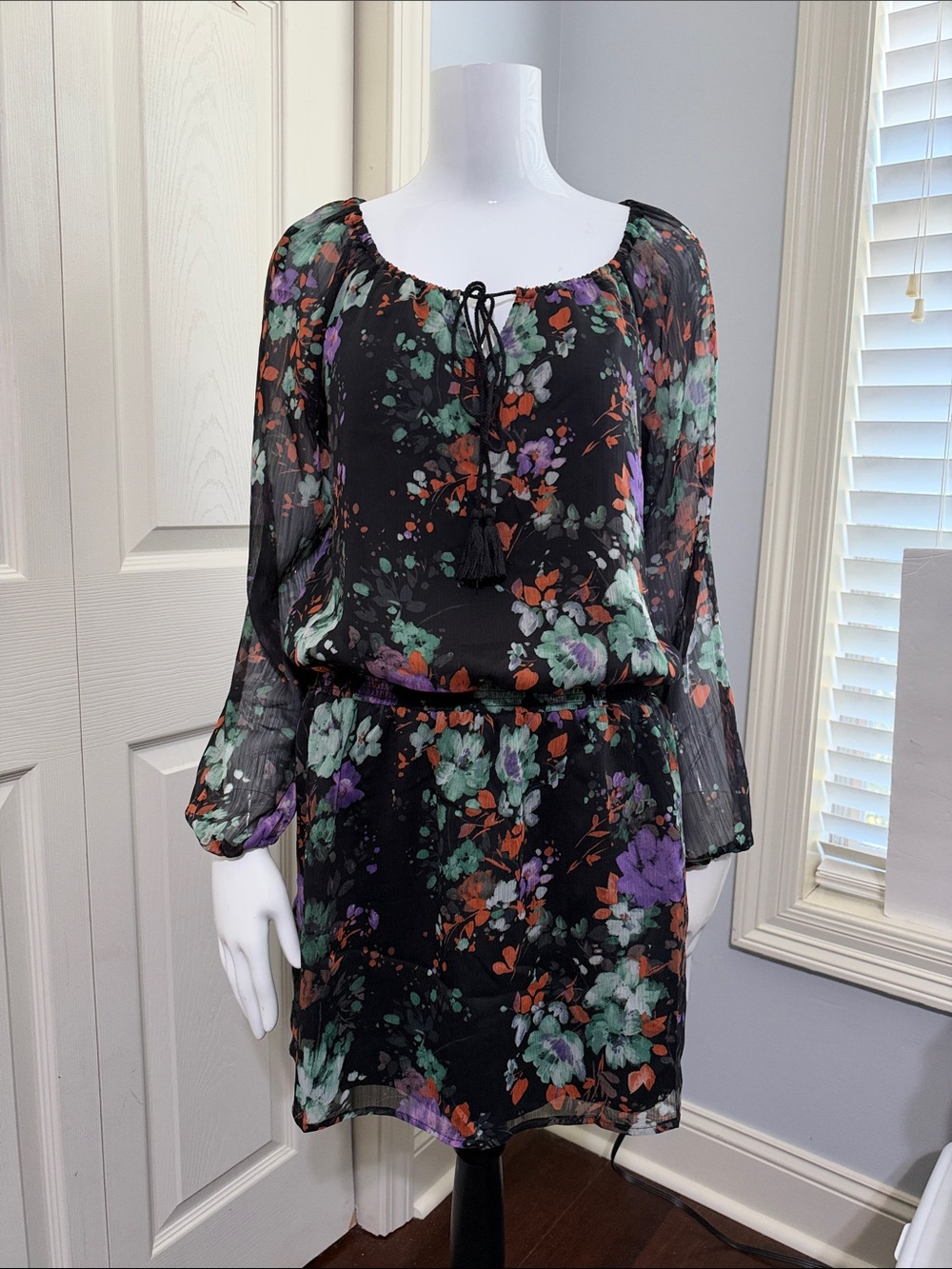 Jessica Simpson Floral Black Peasant Mini Dress with Green & Purple Blooms. #020